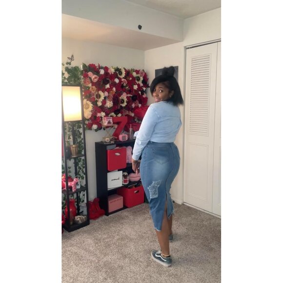 Women's Stretch Denim Midi Skirt High Waisted Button Frayed Pockets Casual - Picture 6 of 6